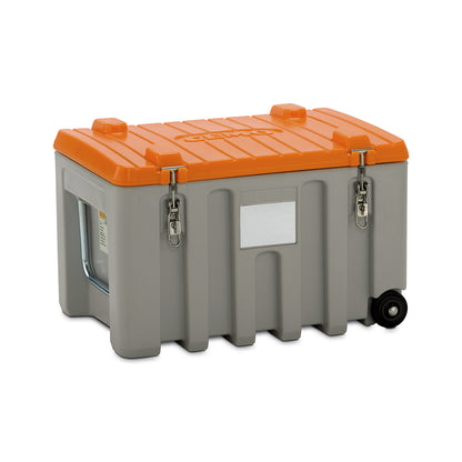 Universal box made of polyethylene, capacity 150 l, trolley, grey / orange.