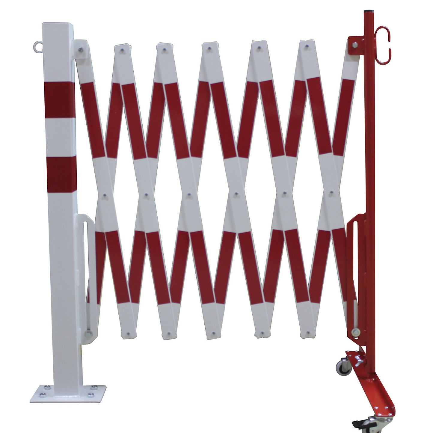 Barrier post with expanding barrier, rectangular tubing 70 x 70 mm, to bolt in place, red / white, max. length 4000 mm.