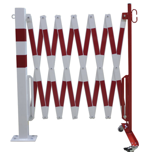 Barrier post with expanding barrier, rectangular tubing 70 x 70 mm, to bolt in place, red / white, max. length 4000 mm.