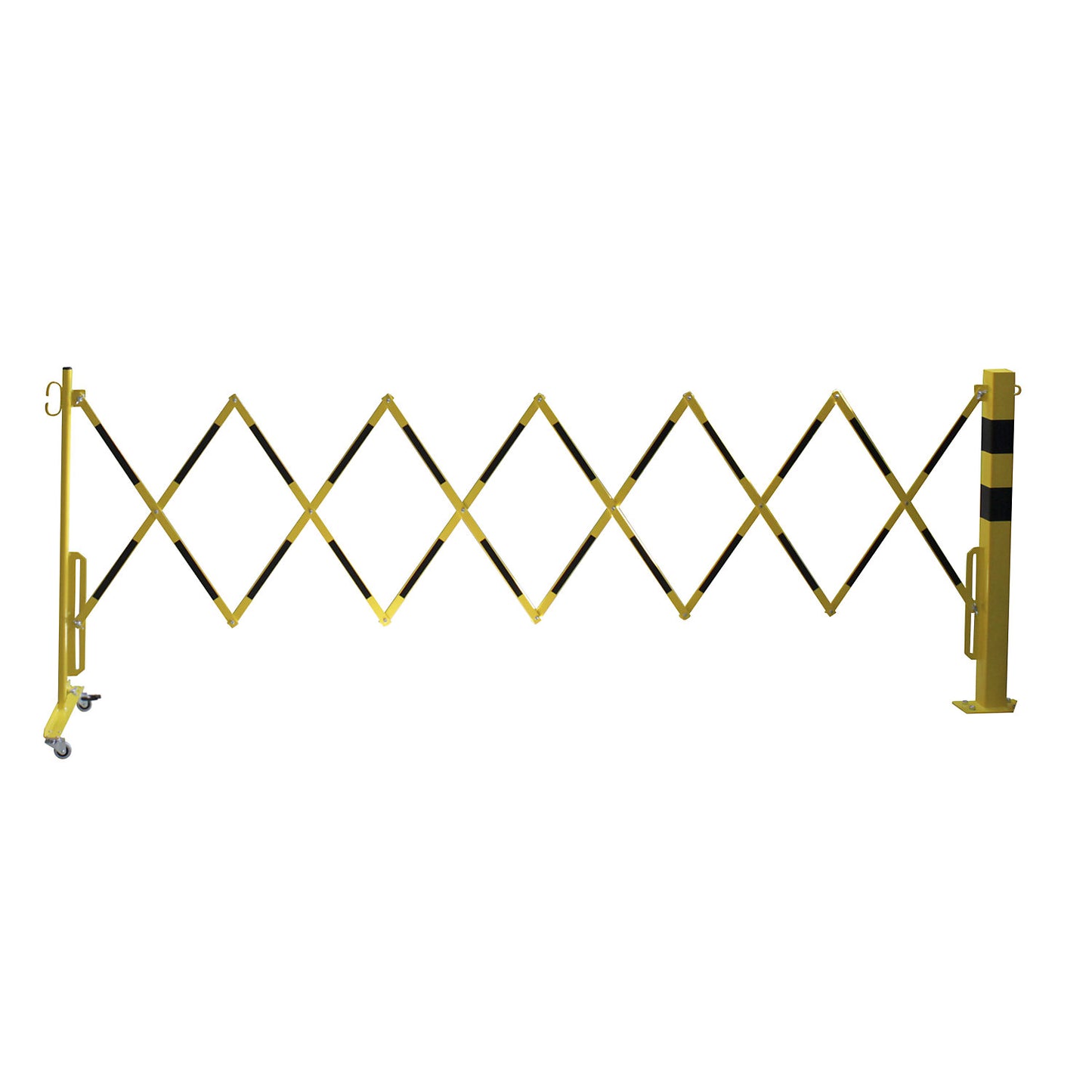 Barrier post with expanding barrier, rectangular tubing 70 x 70 mm, to bolt in place, yellow / black, max. length 3600 mm.