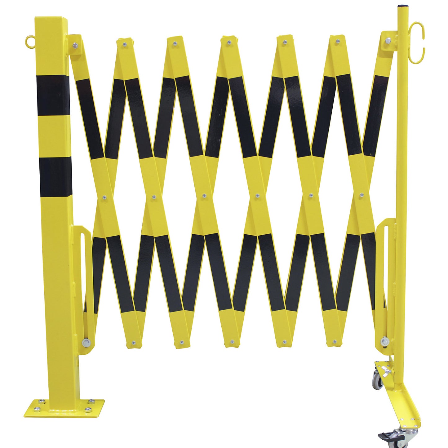 Barrier post with expanding barrier, rectangular tubing 70 x 70 mm, to bolt in place, yellow / black, max. length 4000 mm.