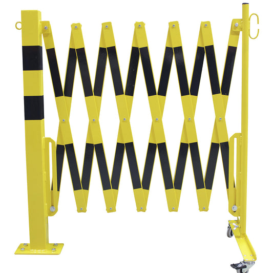 Barrier post with expanding barrier, rectangular tubing 70 x 70 mm, to bolt in place, yellow / black, max. length 4000 mm.