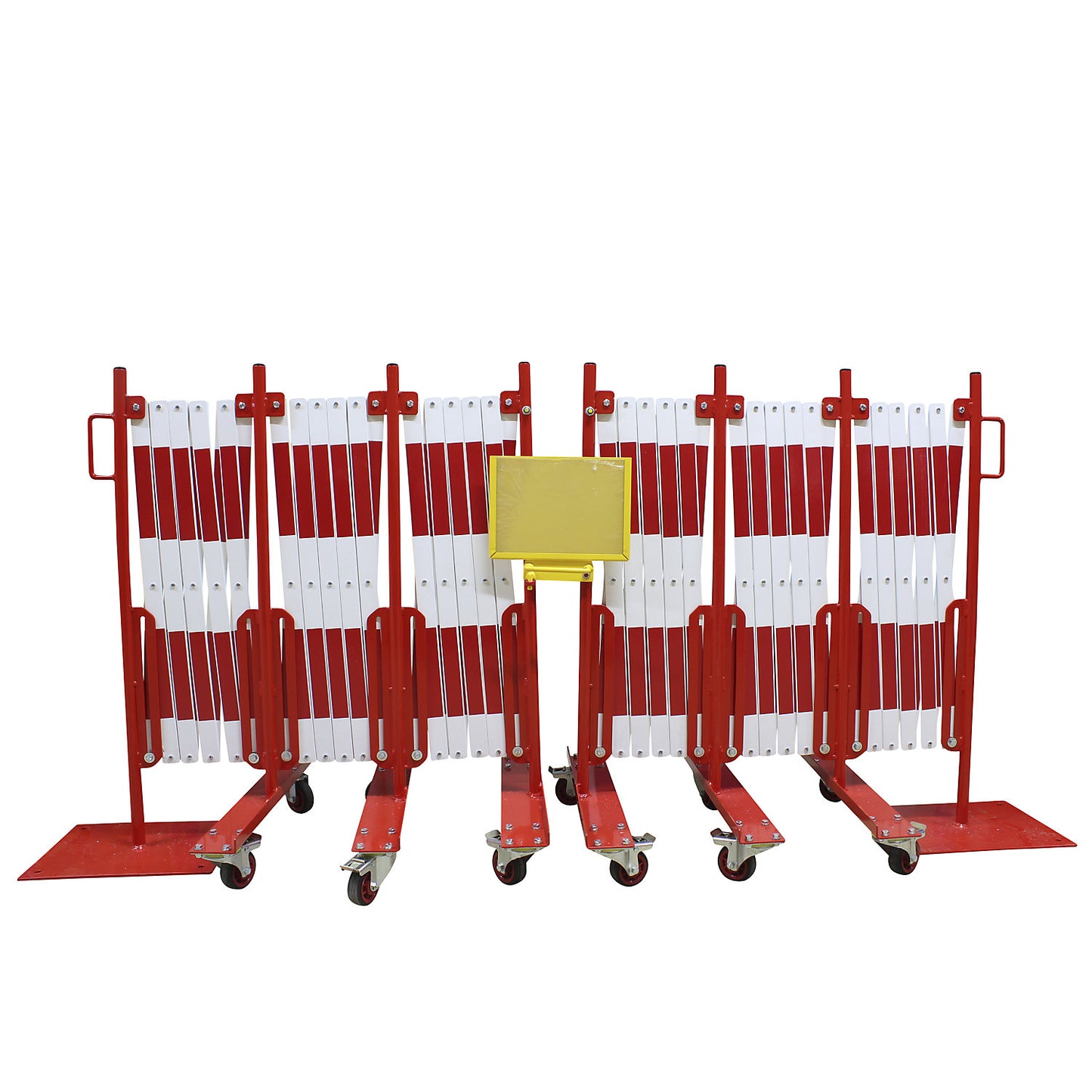 Expanding barrier, steel foot and castors, red / white, max. length 16000 mm.