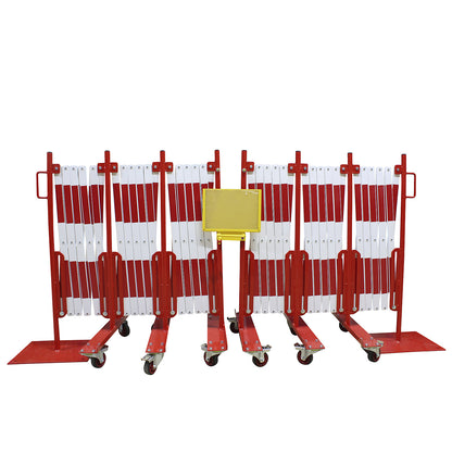 Expanding barrier, steel foot and castors, red / white, max. length 16000 mm.