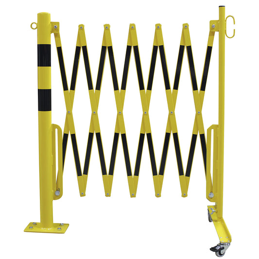 Barrier post with expanding barrier, round tubing Ø 60 mm, to bolt in place, yellow / black, max. length 3600 mm.