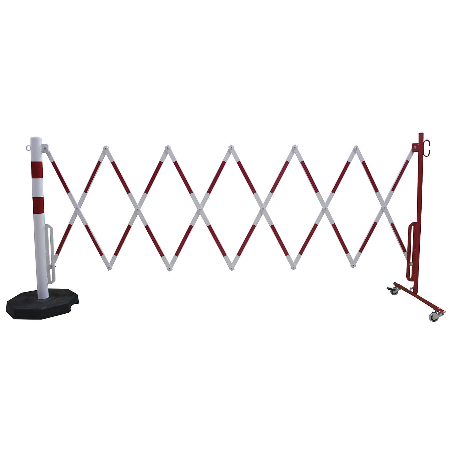 Barrier post with expanding barrier, round tubing Ø 60 mm, with mobile foot plate, red / white, max. length 3600 mm.