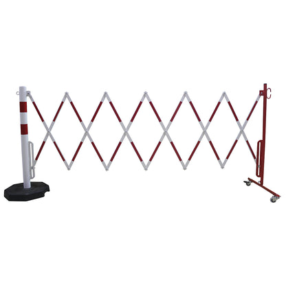 Barrier post with expanding barrier, round tubing Ø 60 mm, with mobile foot plate, red / white, max. length 3600 mm.