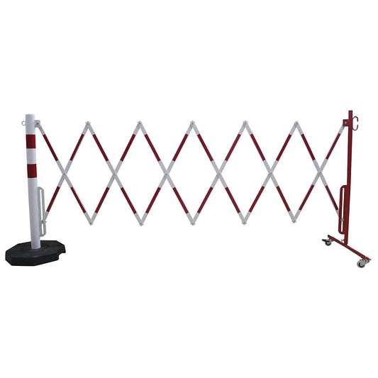Barrier post with expanding barrier, round tubing Ø 60 mm, with mobile foot plate, red / white, max. length 3600 mm.