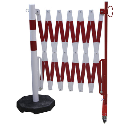 Barrier post with expanding barrier, round tubing Ø 60 mm, with mobile foot plate, red / white, max. length 4000 mm.