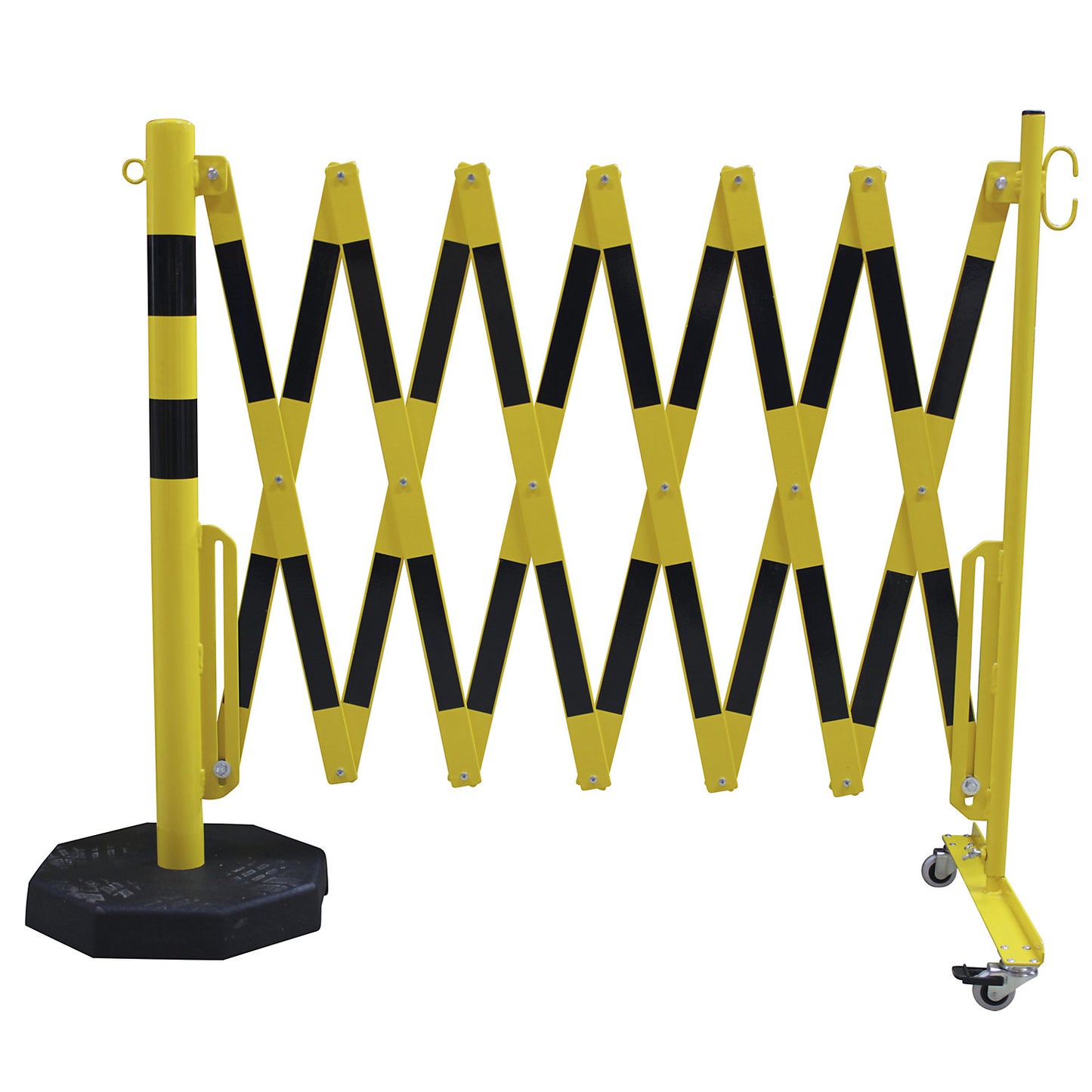Barrier post with expanding barrier, round tubing Ø 60 mm, with mobile foot plate, yellow / black, max. length 4000 mm.