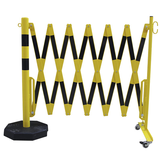 Barrier post with expanding barrier, round tubing Ø 60 mm, with mobile foot plate, yellow / black, max. length 4000 mm.