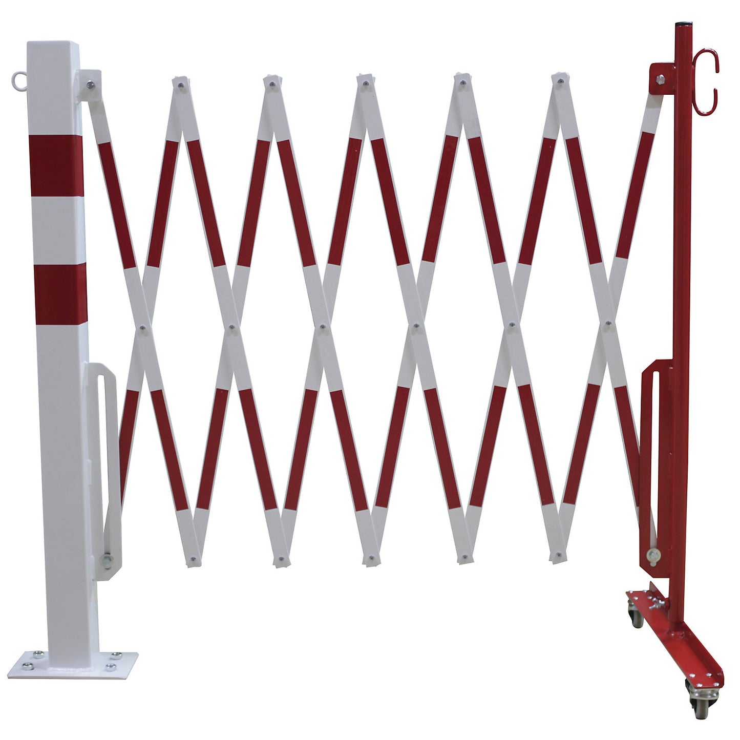Barrier post with expanding barrier, rectangular tubing 70 x 70 mm, to bolt in place, red / white, max. length 3600 mm.