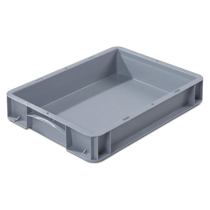 Euro size container, LxW 400 x 300 mm, solid walls and base, height 70 mm.