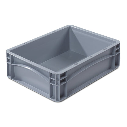 Euro size container, LxW 400 x 300 mm, solid walls and base, height 120 mm.