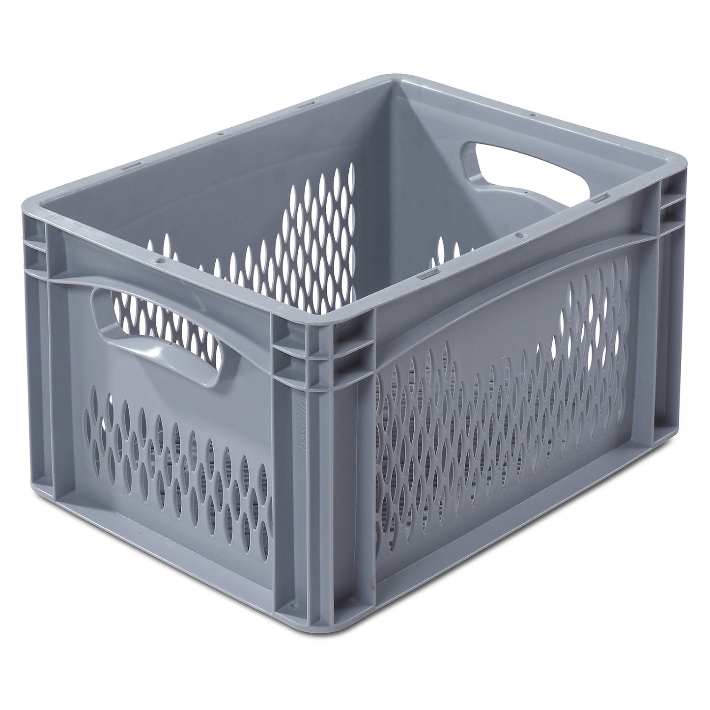 Euro size container, LxW 400 x 300 mm, perforated walls and base, height 220 mm.