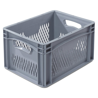 Euro size container, LxW 400 x 300 mm, perforated walls and base, height 220 mm.