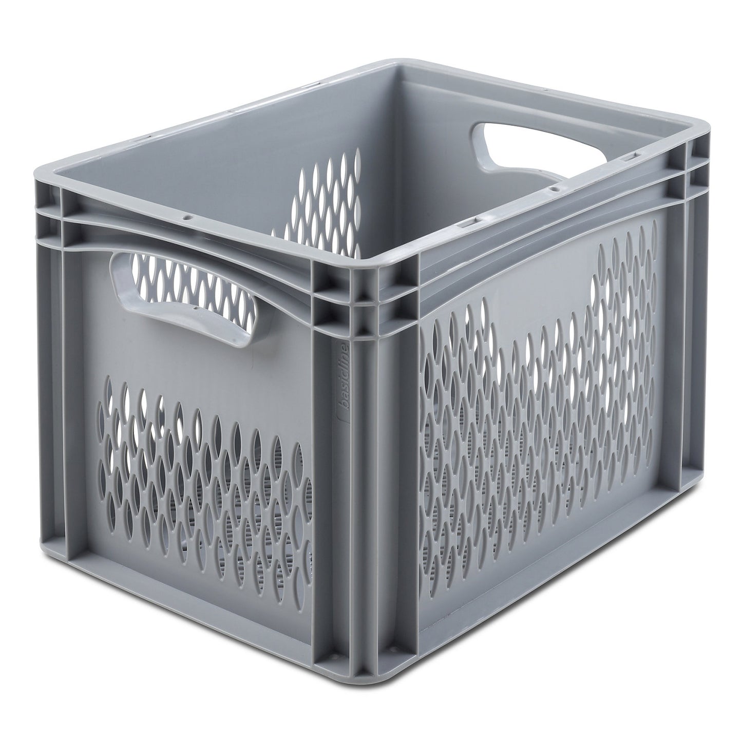 Euro size container, LxW 400 x 300 mm, perforated walls and base, height 270 mm.
