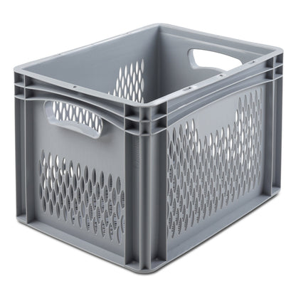 Euro size container, LxW 400 x 300 mm, perforated walls and base, height 270 mm.