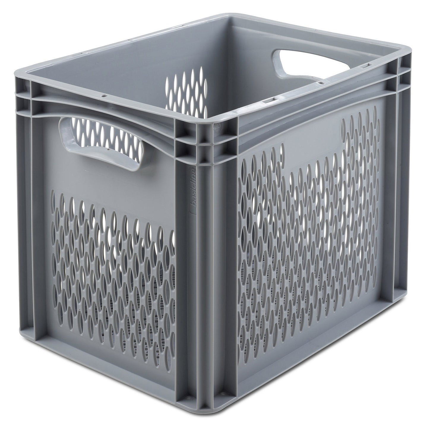Euro size container, LxW 400 x 300 mm, perforated walls and base, height 320 mm.