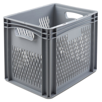 Euro size container, LxW 400 x 300 mm, perforated walls and base, height 320 mm.