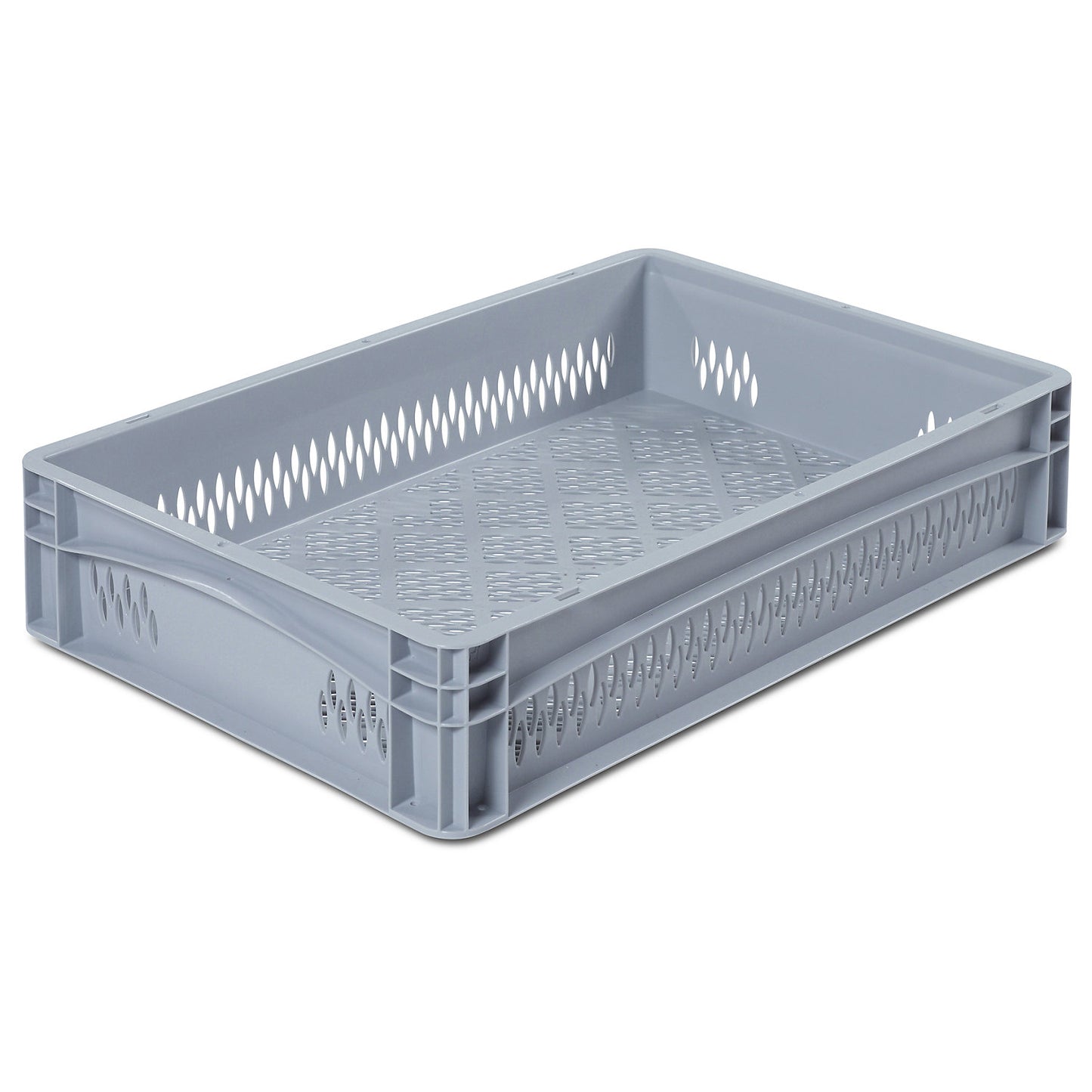 Euro size container, LxW 600 x 400 mm, perforated walls and base, height 120 mm.