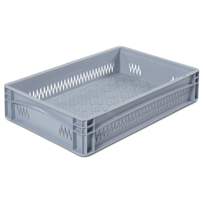 Euro size container, LxW 600 x 400 mm, perforated walls and base, height 120 mm.