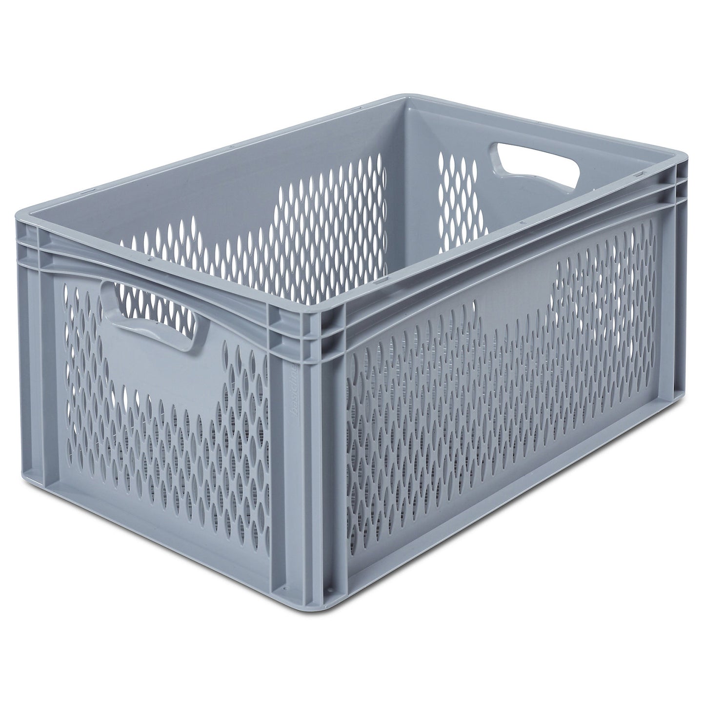Euro size container, LxW 600 x 400 mm, perforated walls and base, height 270 mm.