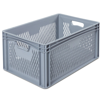 Euro size container, LxW 600 x 400 mm, perforated walls and base, height 270 mm.