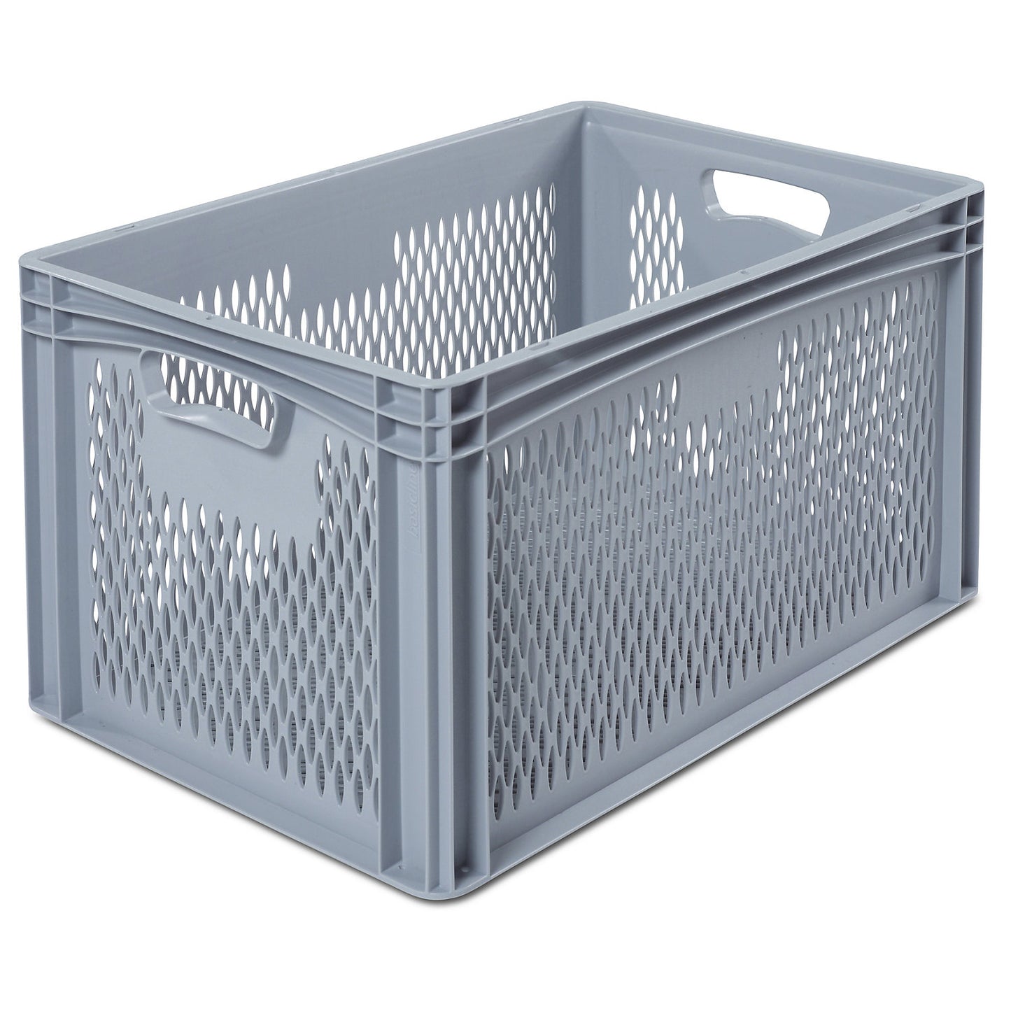 Euro size container, LxW 600 x 400 mm, perforated walls and base, height 320 mm.