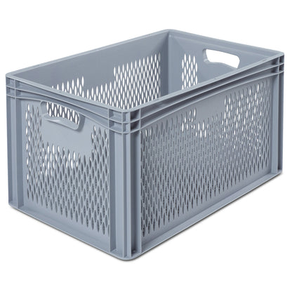 Euro size container, LxW 600 x 400 mm, perforated walls and base, height 320 mm.