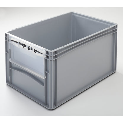 Euro size container, LxW 600 x 400 mm, with front flap, height 320 mm.