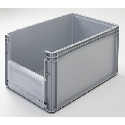 Euro size container, LxW 600 x 400 mm, with front flap, height 320 mm.