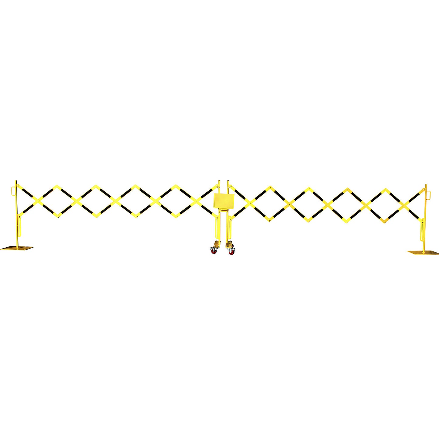 Expanding barrier, steel foot and castors, yellow / black, max. length 4000 mm.