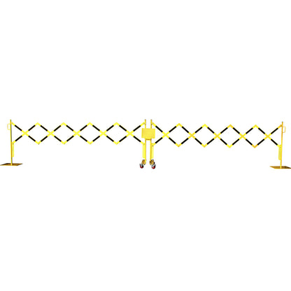 Expanding barrier, steel foot and castors, yellow / black, max. length 4000 mm.