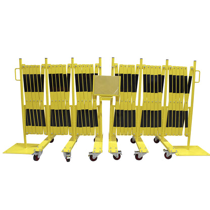 Expanding barrier, steel foot and castors, yellow / black, max. length 16000 mm.