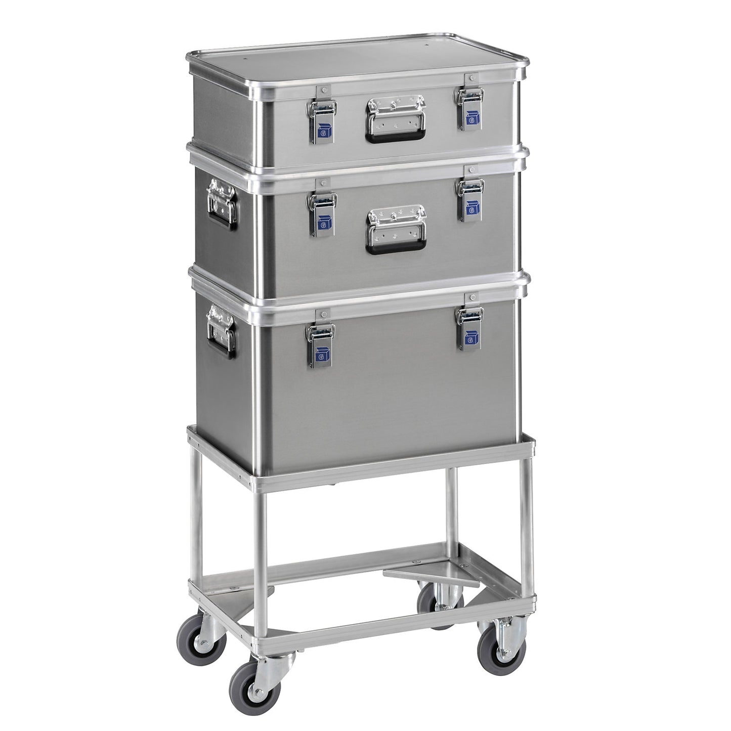 Aluminium dolly, loading height 440 mm, internal LxW 772 x 572 mm, without handle bar.