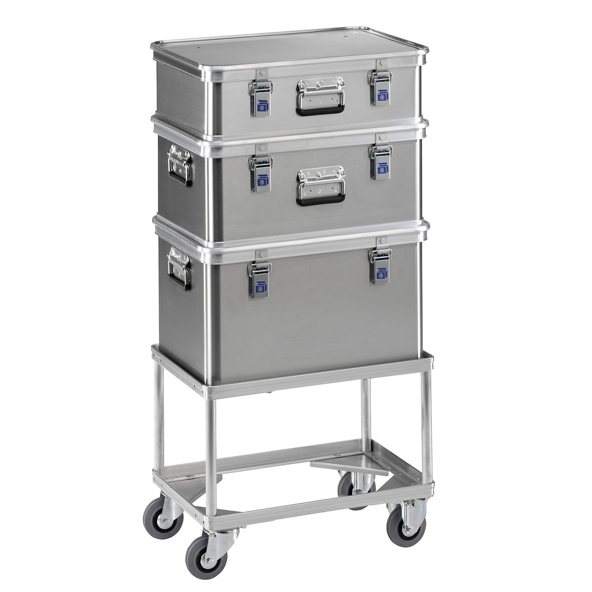 Aluminium dolly, loading height 440 mm, internal LxW 724 x 459 mm, without handle bar.