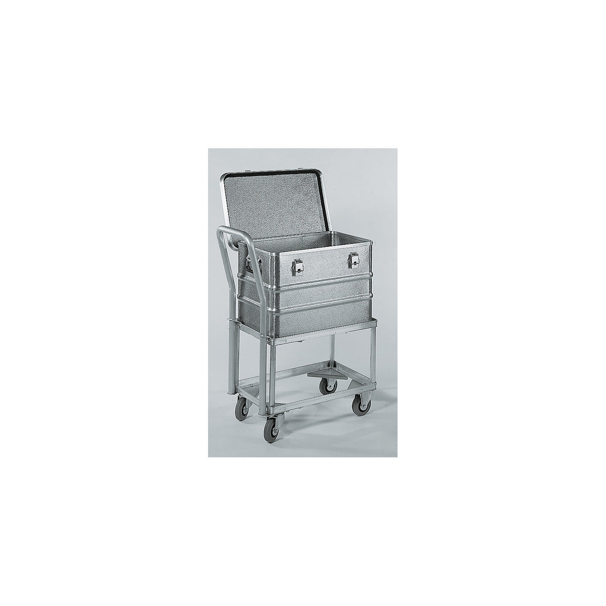 Aluminium dolly, loading height 440 mm, internal LxW 575 x 370 mm, without handle bar.