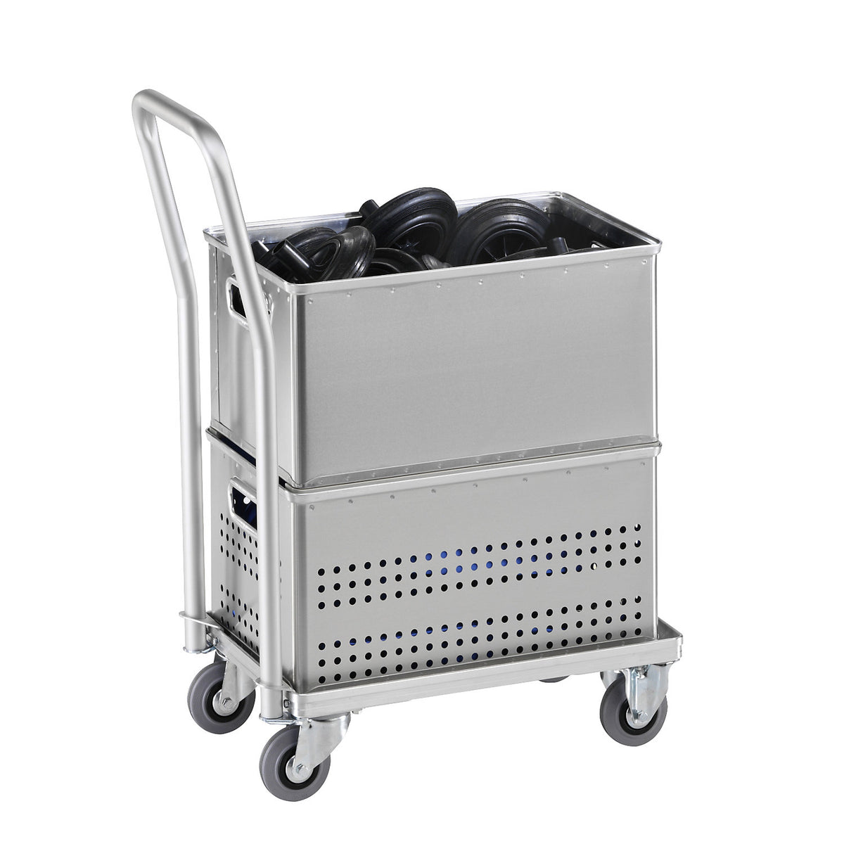 Aluminium dolly, loading height 150 mm, internal LxW 575 x 370 mm, with handle bar.