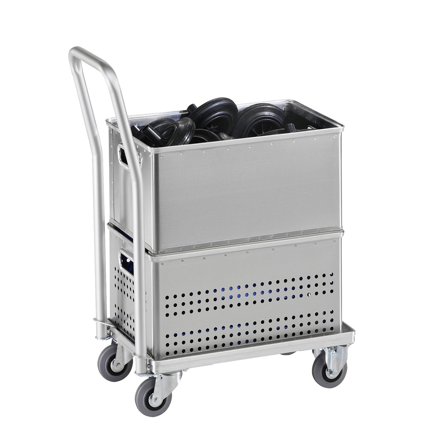 Aluminium dolly, loading height 150 mm, internal LxW 642 x 424 mm, with handle bar.