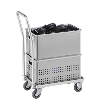 Aluminium dolly, loading height 150 mm, internal LxW 642 x 424 mm, with handle bar.
