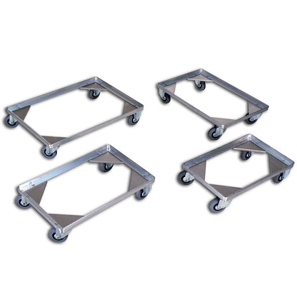 Aluminium dolly, loading height 150 mm, internal LxW 575 x 370 mm, with handle bar.