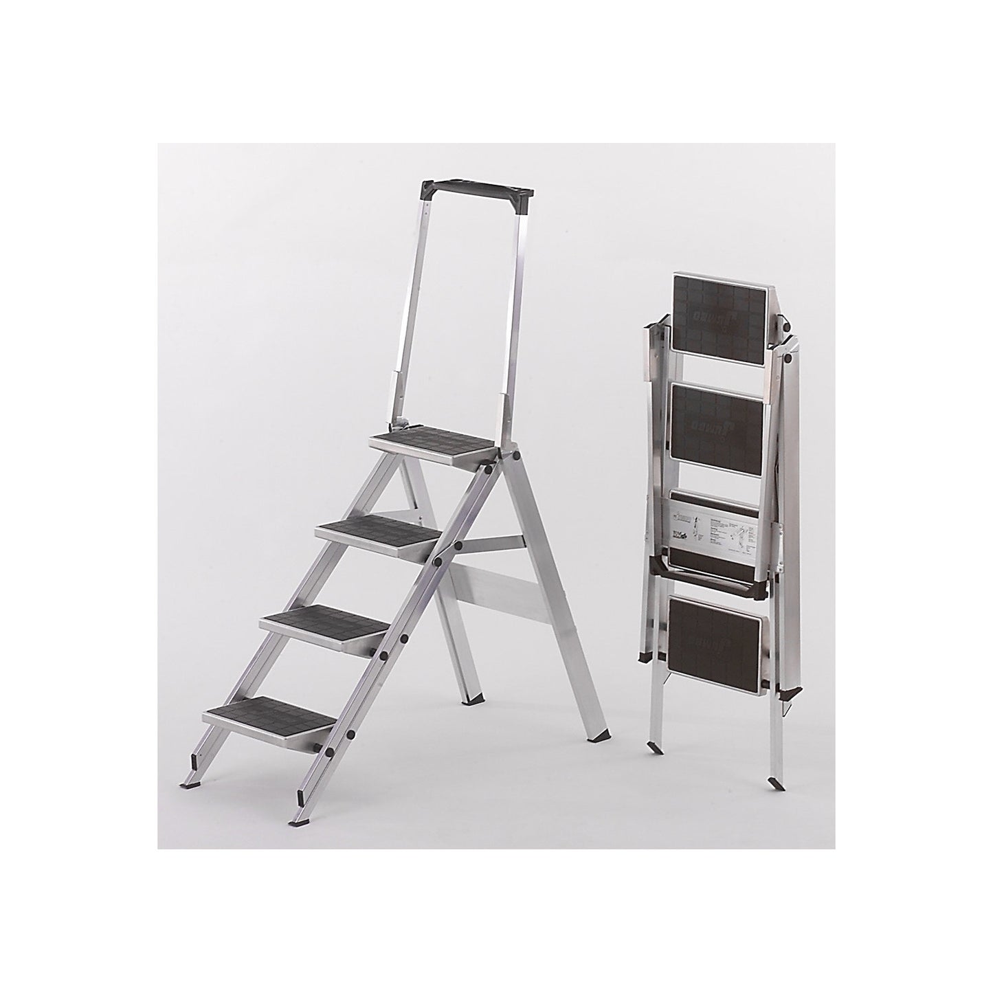 Aluminium folding steps, aluminium steps with PVC coating, with safety rail, 4 steps.