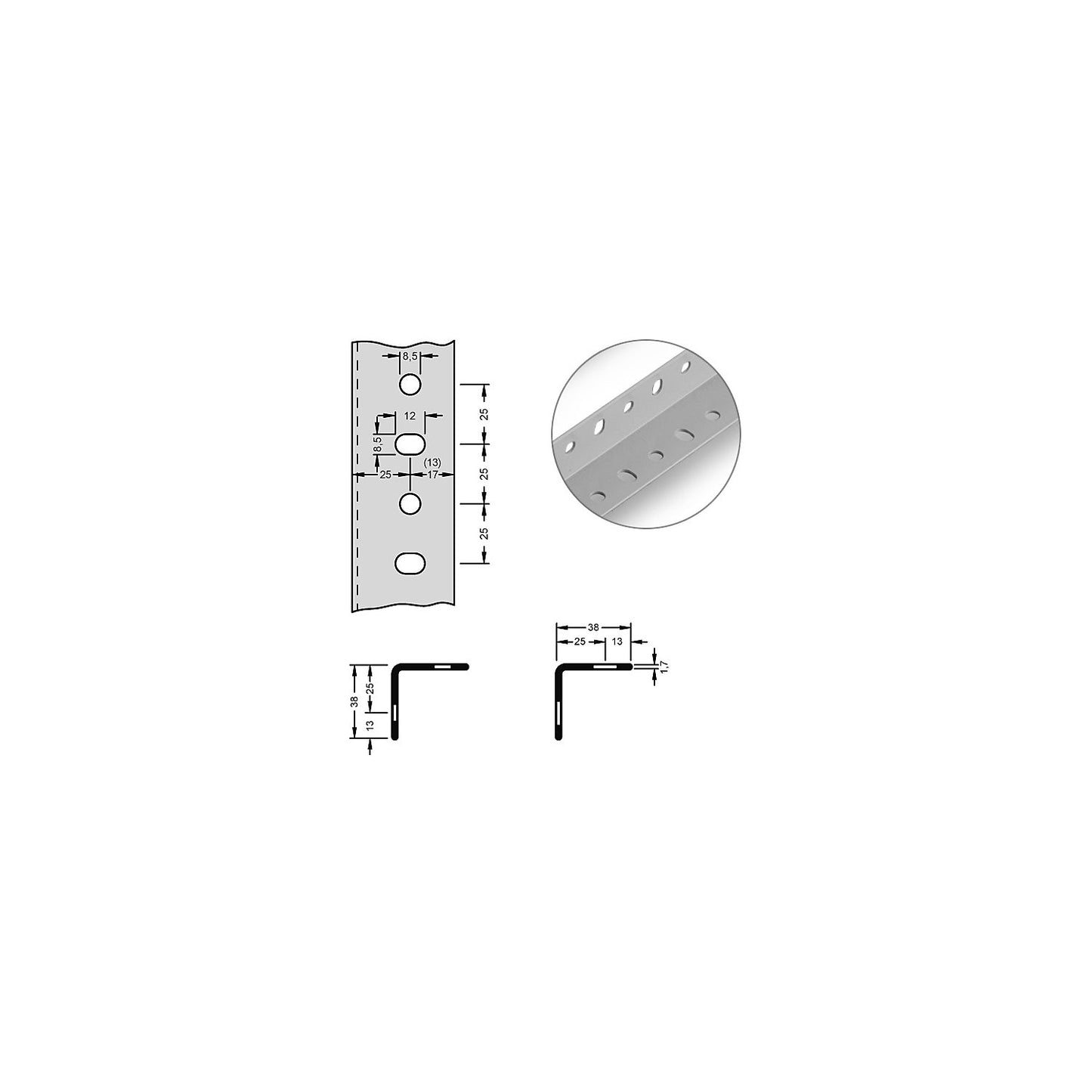 Angled steel profile for modular system, 38 x 38 x 1.7 mm, length 3 m, light grey, pack of 10.