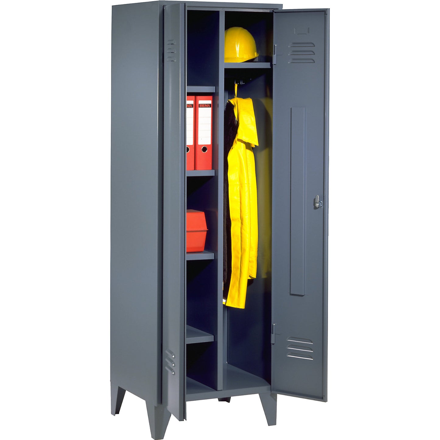 Berlin 2 locker for cleaning products, W 600 mm, 4 shelves, 1 clothes rail, blue grey RAL 7031.