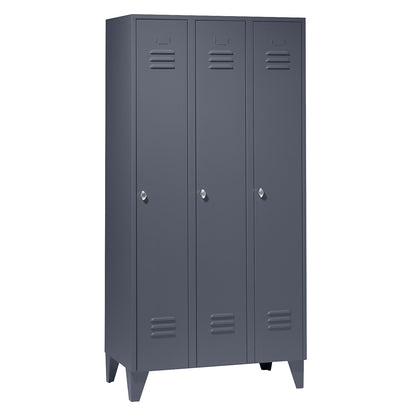 Berlin 2 clothes locker, 3 compartments, blue-grey, width 900 mm, flat roof shape.