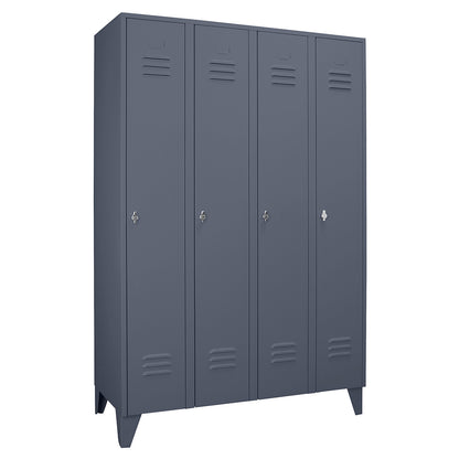 Berlin 2 clothes locker, 4 compartments, blue grey, width 1200 mm, flat roof shape.