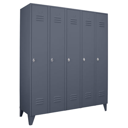 Berlin 2 clothes locker, 5 compartments, blue grey, width 1500 mm, flat roof shape.