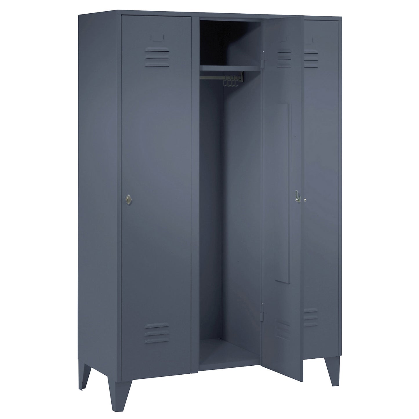 Berlin 2 clothes locker, 3 compartments, blue grey, width 1200 mm, flat roof shape.