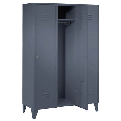 Berlin 2 clothes locker, 3 compartments, blue grey, width 1200 mm, flat roof shape.